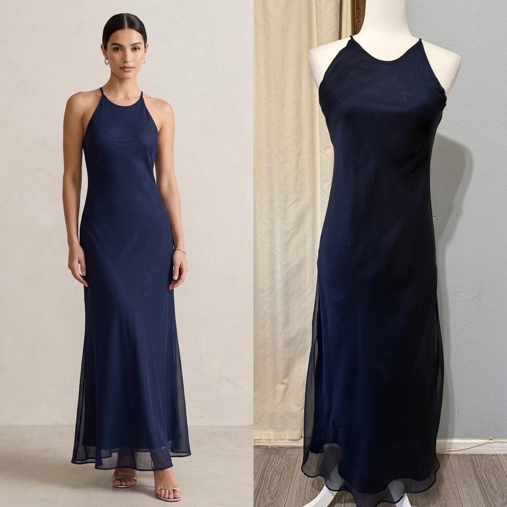 Vintage 80s Hampton Dress 4P Co Navy Blue Chiffon Halter Maxi Dress Formal Gown